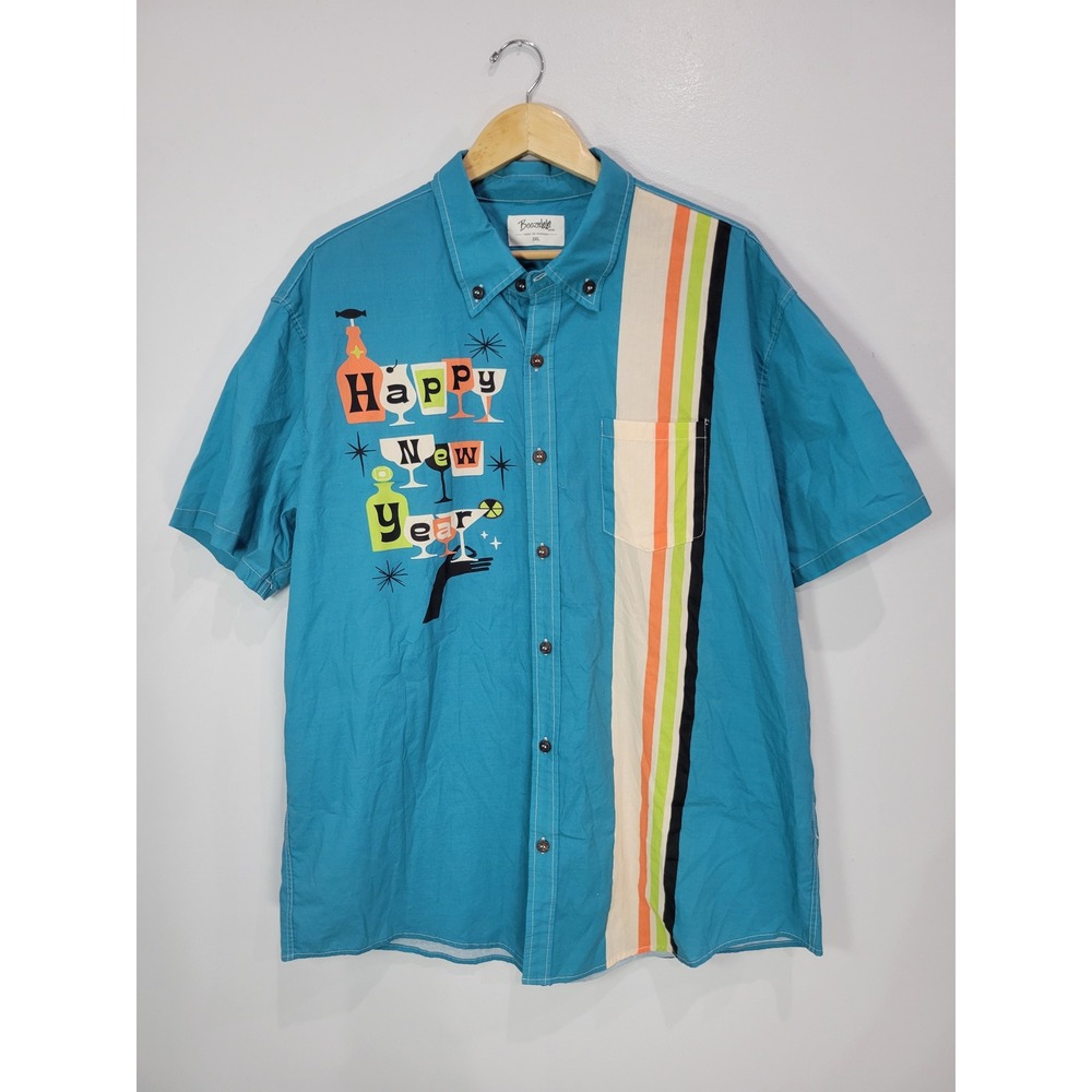 Boozelele Mens 2XL Turquoise Retro Happy New‎ Year Mid Century Modern Shirt